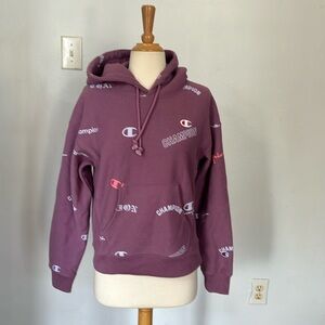 Champion All Over Logo Pullover Hoodie Sweatshirt‎ XS
